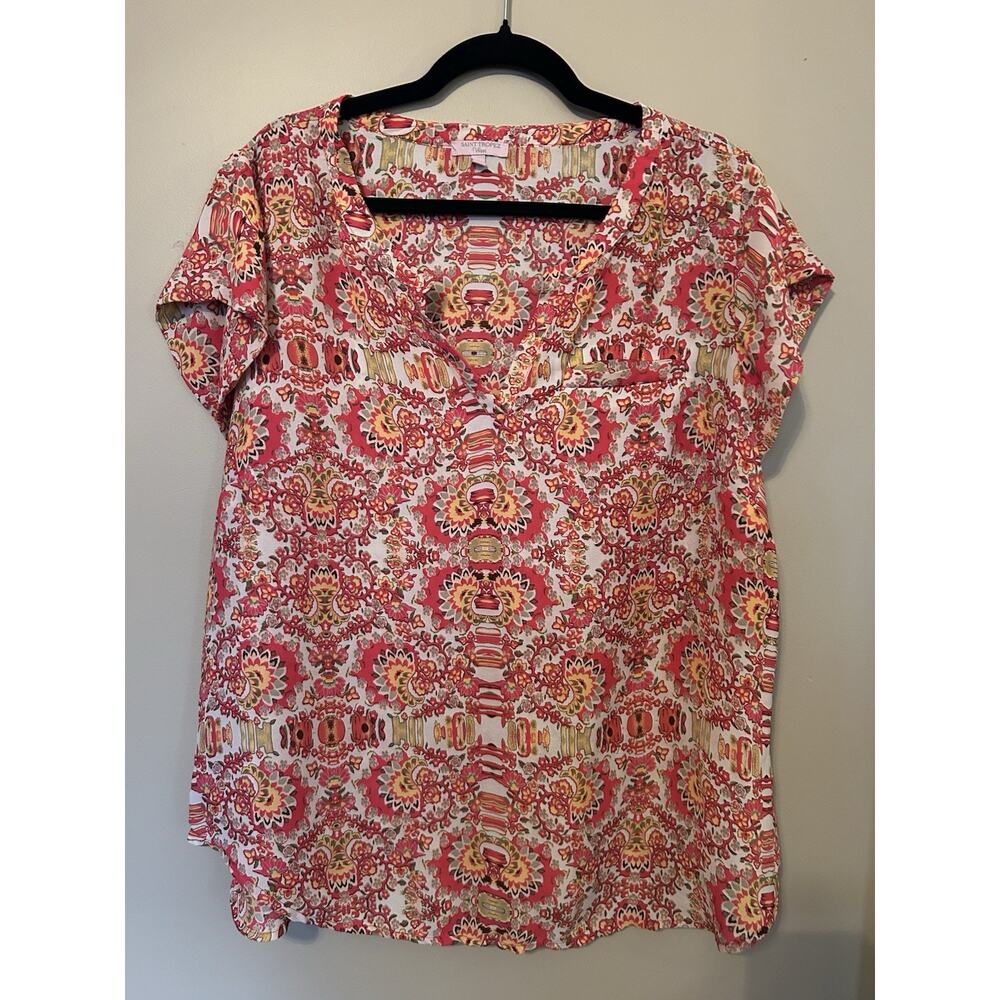 Saint Tropez West Lightweight Blouse Women’s Plus 1X Bright Pink Pattern Vacay